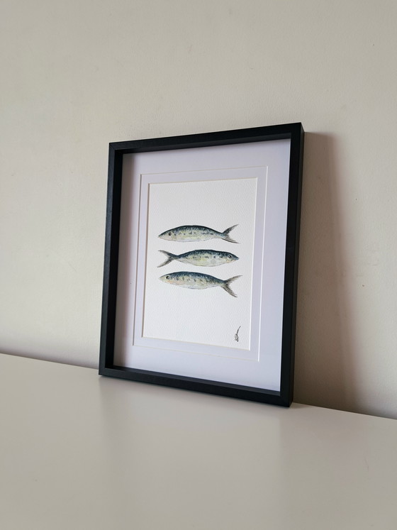 Image 1 of Acuarela de sardinas, original enmarcada.