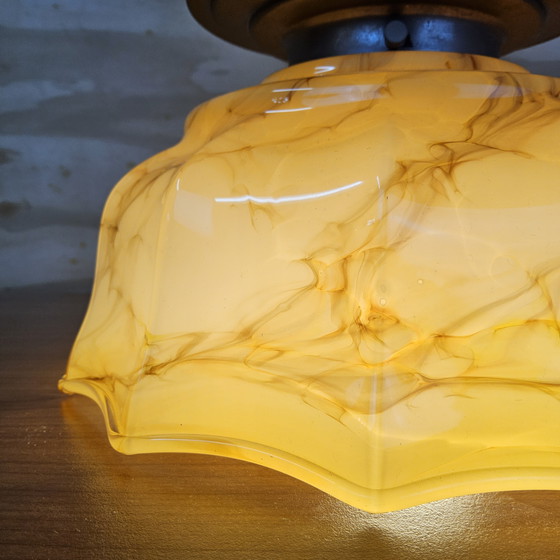 Image 1 of Plafonnier Art Déco ancien en verre marbré (jaune/orange)