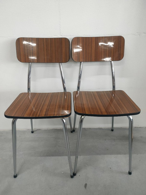 Image 1 of Set of two 1970s Caramel-colored Formica dining chairs and kitchen chairs (chrome-plated).