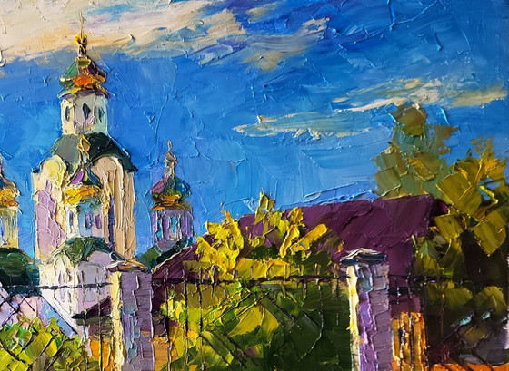 Image 1 of Origineel olieverfschilderij: Stadsgezicht, Tempel, Zonnige Dag van de Kerk
