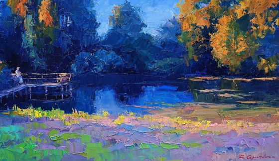 Image 1 of Original Oil Painting Nature Landscape Summer Sunset Evening on the Lake