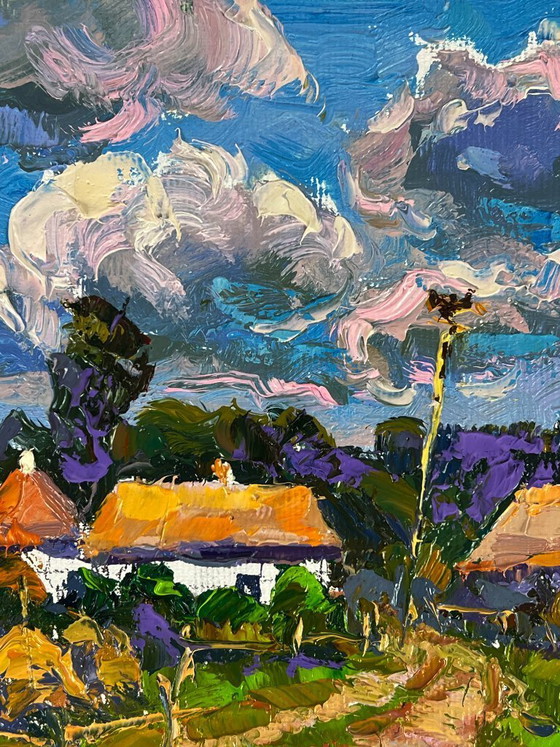 Image 1 of Peinture à l'huile originale Paysage rural Maison Rues de village d'été
