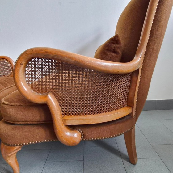 Image 1 of COPPIA DI POLTRONE BERGERE VINTAGE DEI PRIMI DEL XX SECOLO IN RATTAN E LEGNO, SUPERBAMENTE CURVE