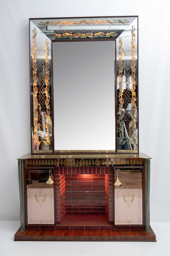 Image 1 of Meuble de bar italien moderne du milieu du siècle de Luigi Brusotti avec miroir décoré, années 40