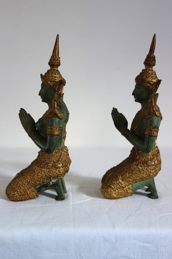 Image 1 of Couple de Statues Thephanom en Bronze Doré, Thaïlande, Années 40