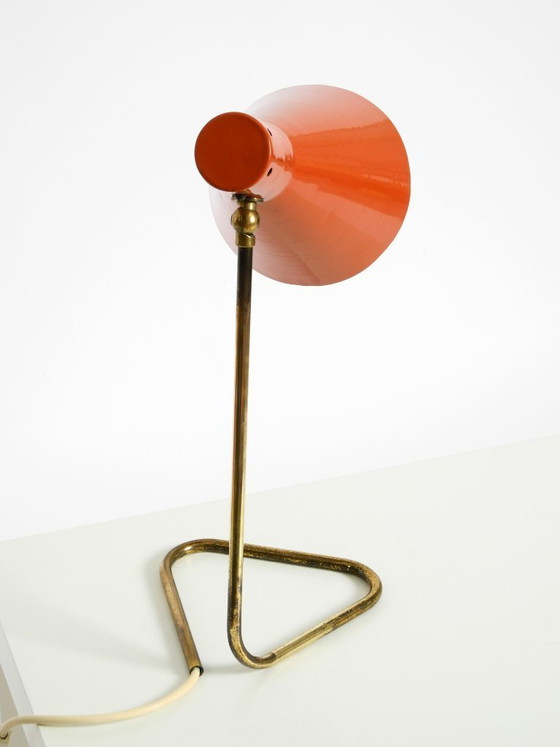 Image 1 of Beautiful, Large Mid-Century Modern Brass Table Lamp with a Brick-Red Shade