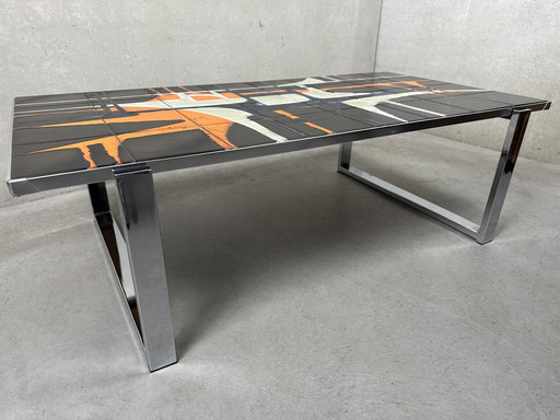 Table basse vintage - céramique et chrome - Denisco