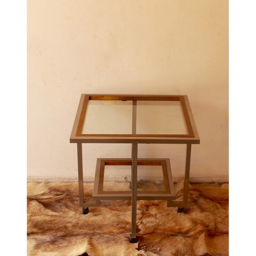 Tavolo vintage in vetro e metallo cromato con doppio piano montato su ruote, 1970