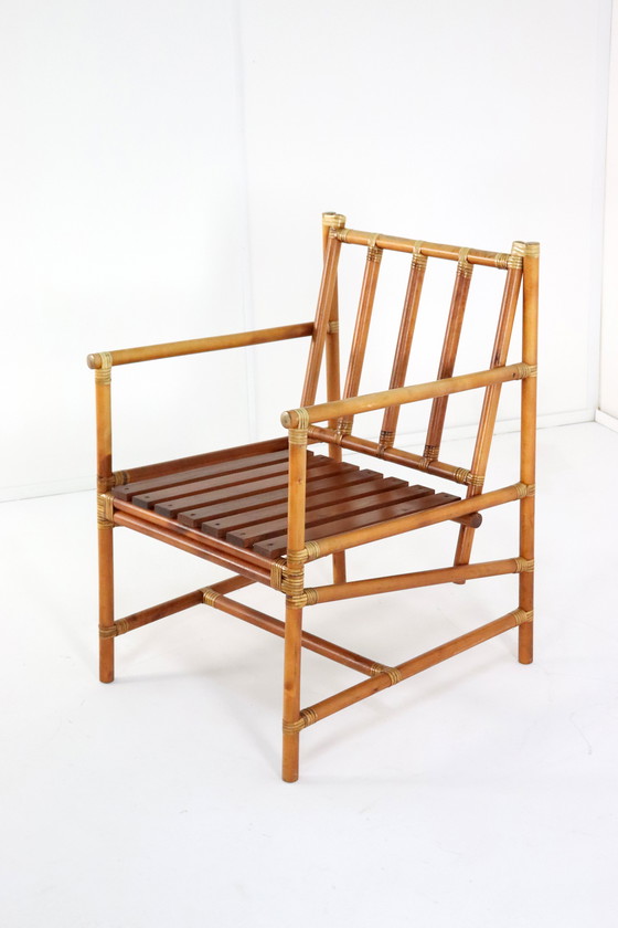 Image 1 of Set Of 4 Safari Bamboo Chairs + Table 'Geleen' Vintage