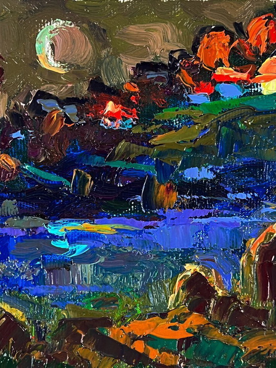 Image 1 of Peinture à l'huile originale, paysage rural, rivière, givre du soir dans les champs