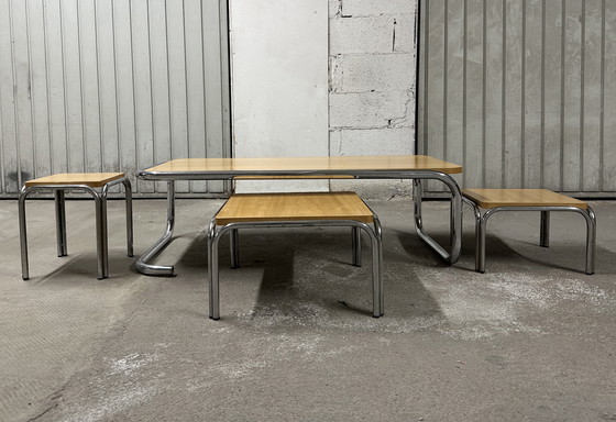 Image 1 of Set of 4 70s metal and solid oak nesting tables