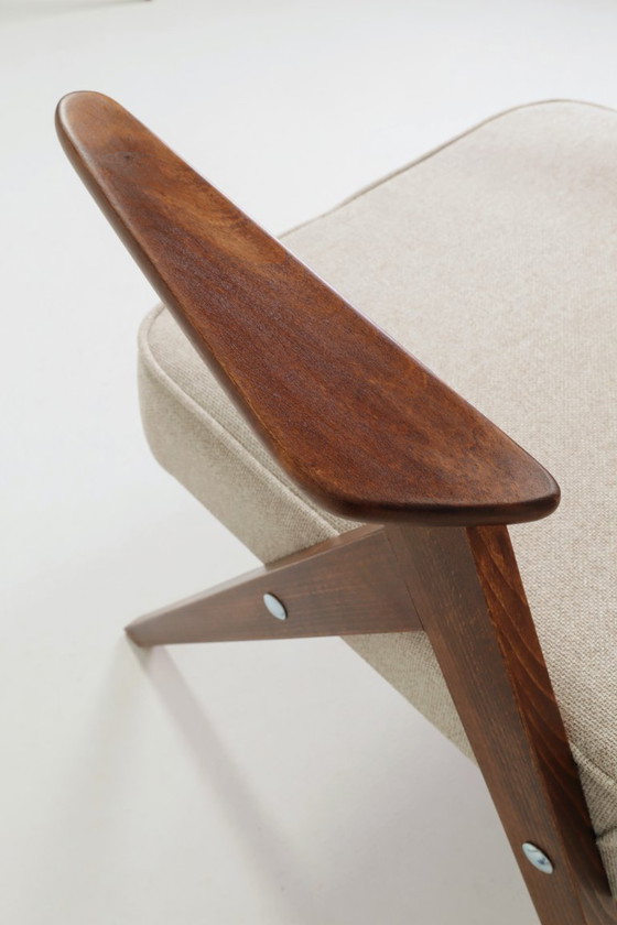 Image 1 of Scandinavische Beige Fauteuil Vlecht Stoffering Walnoot Kleur Houten Lounge Stoel Vintage Stijl