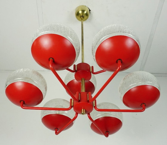 Image 1 of stunning 1960s 70s mid century modern CHANDELIER, red metal and brass, 9 crackle glass shades