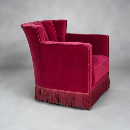 Años 60, Sillón Relax danés, Terciopelo de Mueble Rojo, Patas de Madera de Fresno.
