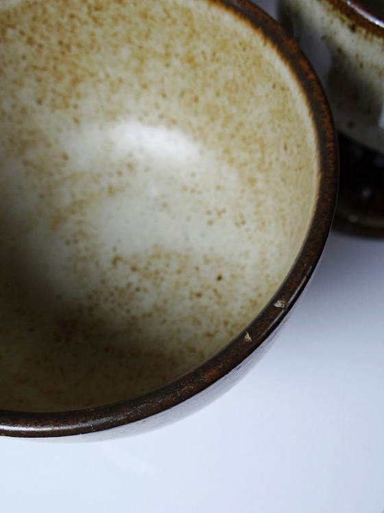 Image 1 of Set of 4 vintage glazed stoneware cider bowls/ice cream cups with stems