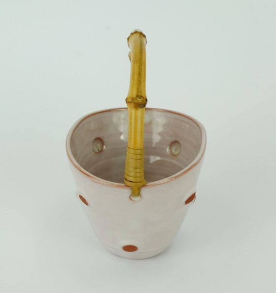 Image 1 of small 1950s basket-shaped VASE with bamboo handle small plant pot