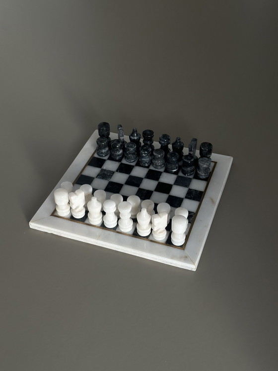 Image 1 of Vintage marmeren schaakspel schaakbord zwart wit