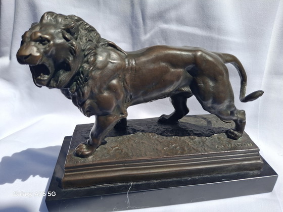 Image 1 of Antiek bronzen beeld "Roaring Lion" naar Charles Valton (1851-1918) – gietersmerk JB Déposé Paris, ca. 5 kg
