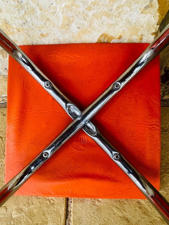Image 1 of Mid-Century, Orange Skaï and Chrome Stool By J L 1970s