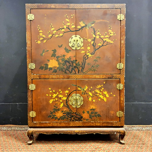 Vintage red Chinese cabinet birds, flowers / bohemian cabinet / oriental cabinet / chinese red cabinet