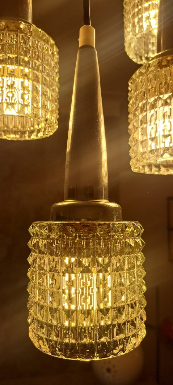 Image 1 of Lampe Cascade vintage chromée et en verre. 6 points lumineux. Laque, années 1970.