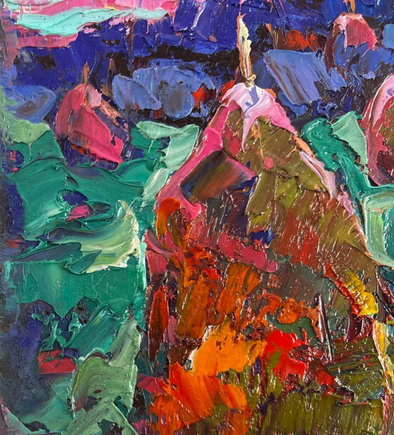 Image 1 of Original Oil Painting Sunset Field Landscape The evening is falling silent