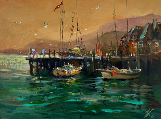 Image 1 of Original Oil Painting Evening Coastal Landscape Yachts in the sea under the gentle sun