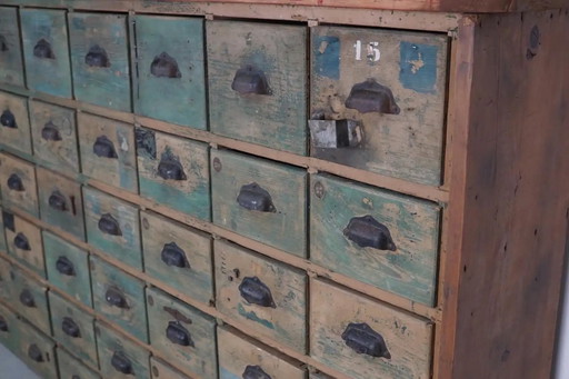 Industrial large French painted pine hardware cabinet, 1950s