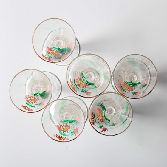 Image 1 of Juego de 6 copas de jerez de diseño floral, raras, de mediados de siglo / Italia / década de 1960