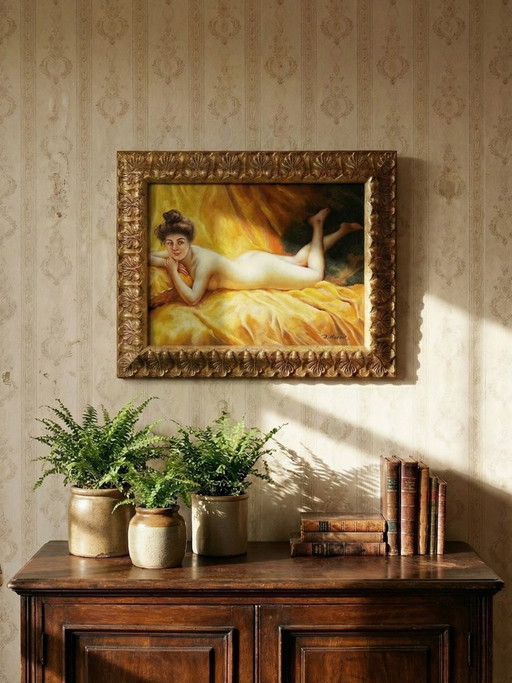 Oil on canvas "Nude with Cushion" "The Lazy Woman" after Daniel Hernández Morillo