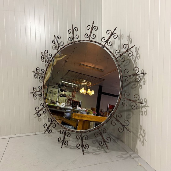 Image 1 of Very large round wrought iron wall mirror 1960's