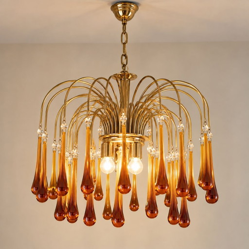 Mand Eurolux 1970er Wasserfall Kronleuchter – 34 bernsteinfarbene Glastropfen – Hollywood Regency