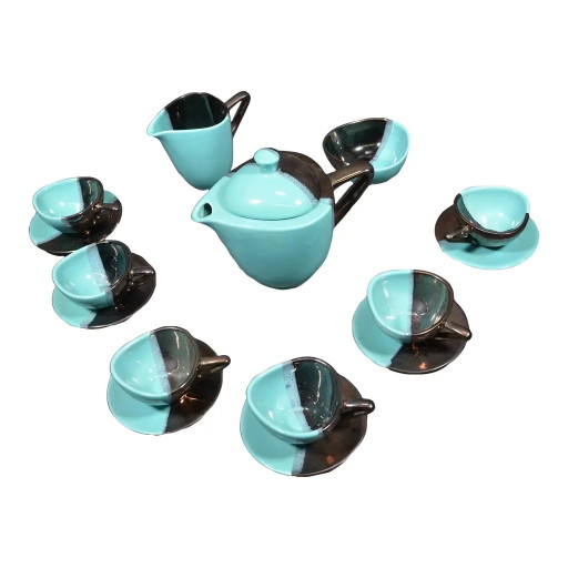 Juego de café de loza Vallauris, negro y azul turquesa, mediados del siglo XX - 15 piezas