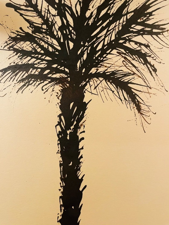 Image 1 of Acuarela monocromática firmada "Palmera al atardecer"