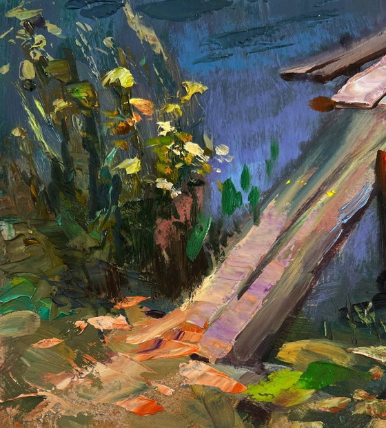 Image 1 of Original Oil Painting Summer Bridge Landscape Girls are walking by the river