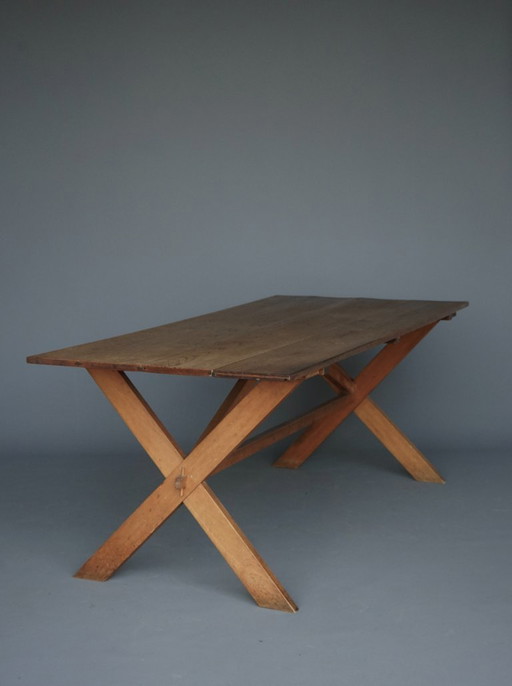 Rustic Cherry & Oak Wood Farmhouse X-Frame Dining Table, 1940s