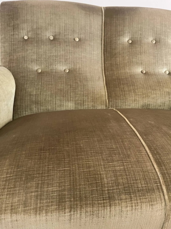 vintage double toad sofa in olive green fabric and trimmings – 2 seaters, Velvet, Art Deco (photo 6 of 15)