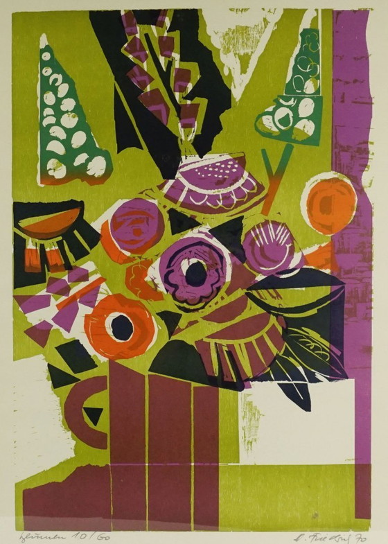 Image 1 of mid century color WOODCUT 'flowers" by heinz friedrich no. 10/60 framed signed h. friedrich 70