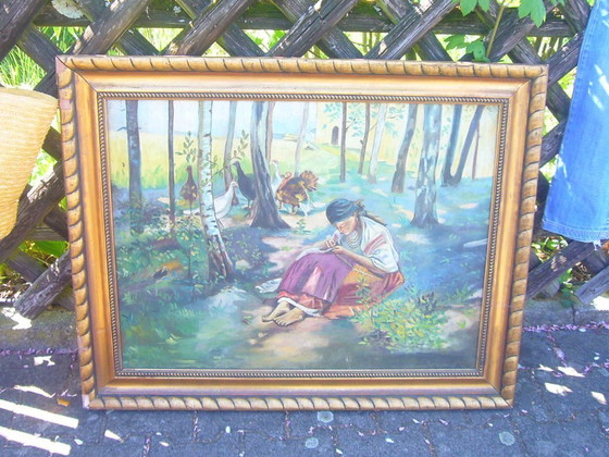 Image 1 of Vintage oil painting of a goose girl with frame, approx. 80x60cm