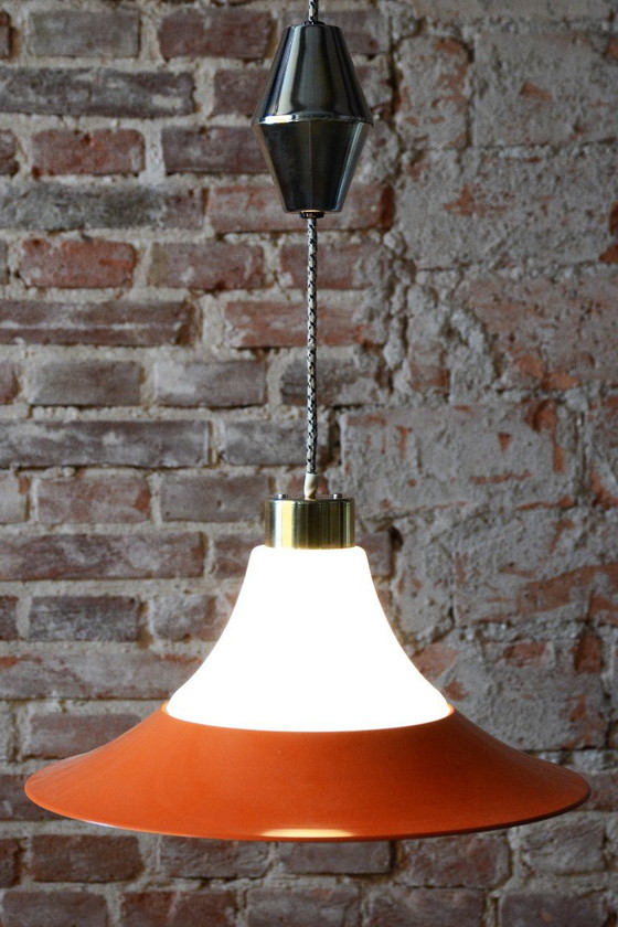 Restored Mid-Century Chandelier, Brass, Lacquered Steel, Czech, 1960s, Pendant lamps, Glass, Metal, Gold (photo 7 of 14)