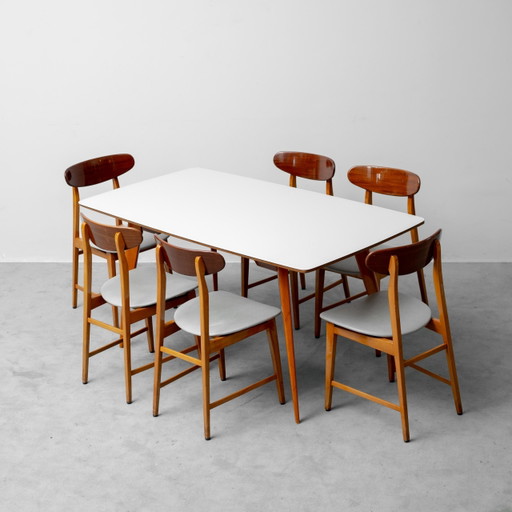 Vintage Dining Table Set with 6 Wooden Chairs, 60s Modern Antiques