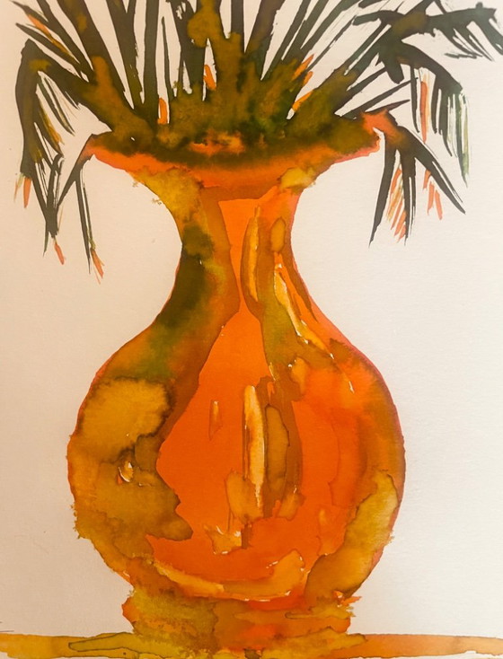 Signed Still Life Painting "Provençal Jar Adorned with Plants" – P. Fenilhac, Paintings & Drawings, Paper (photo 2 of 9)
