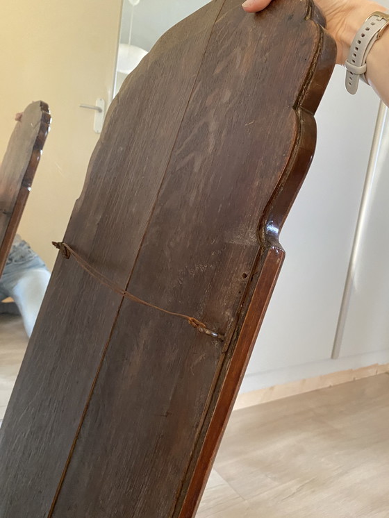 Image 1 of Miroir mural lourd ancien en loupe de bois festonnée