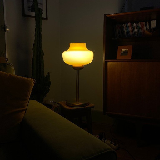 Large vintage lamp in brown and yellow opaline glass and brass