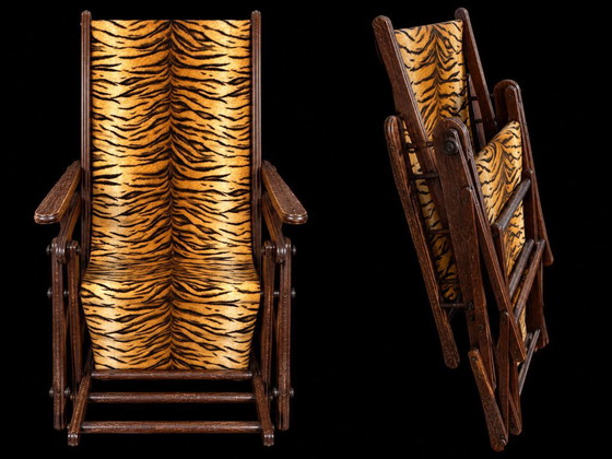 Wooden Folding Chair with Tiger Print, Textile, Black, Vintage (photo 3 of 5)