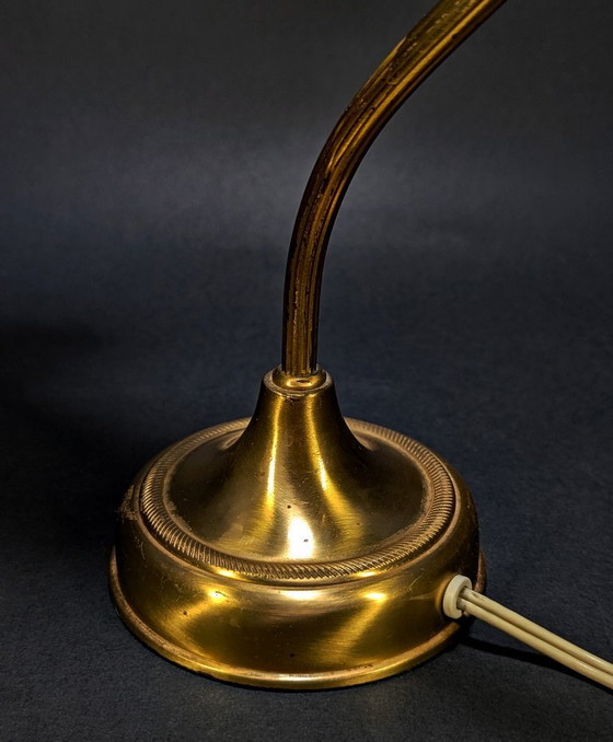 Image 1 of Vintage Frosted Glass Tulip Table Lamp – Art Nouveau Style Swan Neck Brass Lamp – Working