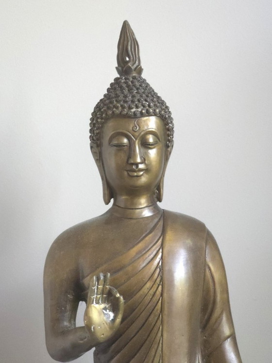 Antique Standing Bronze Thai Buddha (70 cm) – Vitarka Mudra – Sculpture (photo 2 of 9)