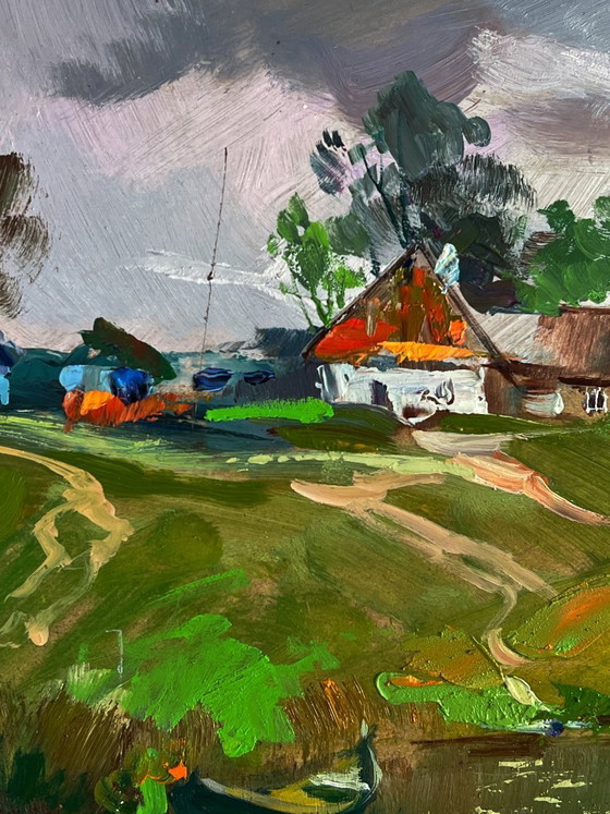 Image 1 of Origineel olieverfschilderij: Landelijk landschap, natuur, een rivier nabij het dorp.