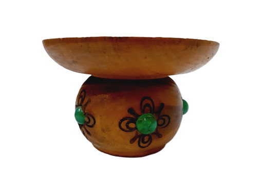 Vintage pyrografie houten kaarsenhouder met stenen