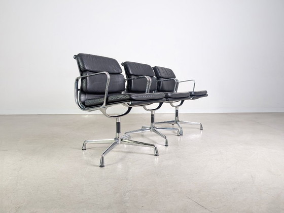 Image 1 of 3x Original Vitra EA 208 soft pad schwarz Leder Stuhl Charles Eames
